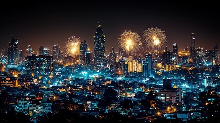 Fototapeta premium Vibrant Fireworks Display over a City at Night