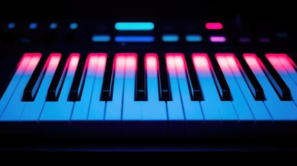 A glowing studio desk setup with colorful LED backlighting and neatly organized equipment