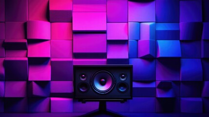 A high-quality studio monitor placed on an isolation pad, with an acoustic foam backdrop