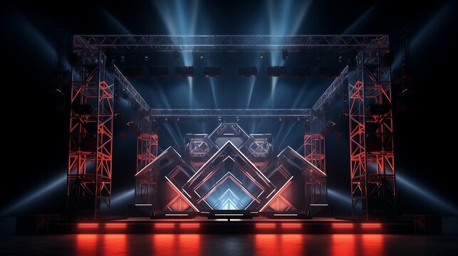 3D rendering of the stage show and truss construction with a sound system for concert performance business concept