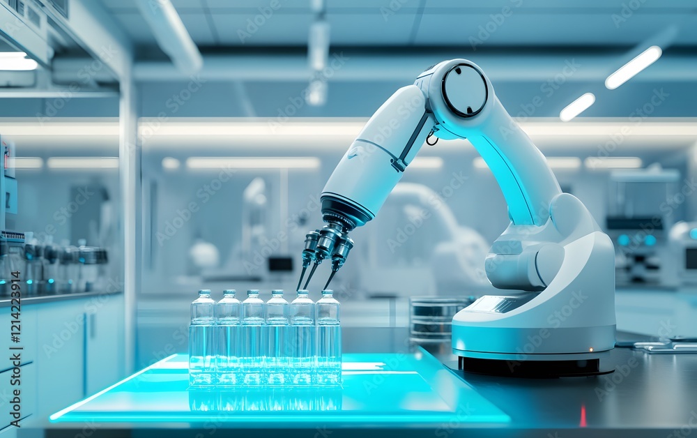 Poster robotic arm in a lab handling glassware for precise experiments.