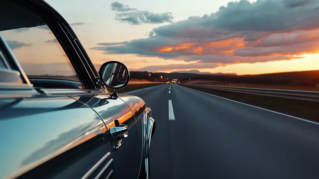 Cruising through an enchanting landscape, the sun sets behind the horizon. A classic car glides along the road, inviting adventure during twilight hours.