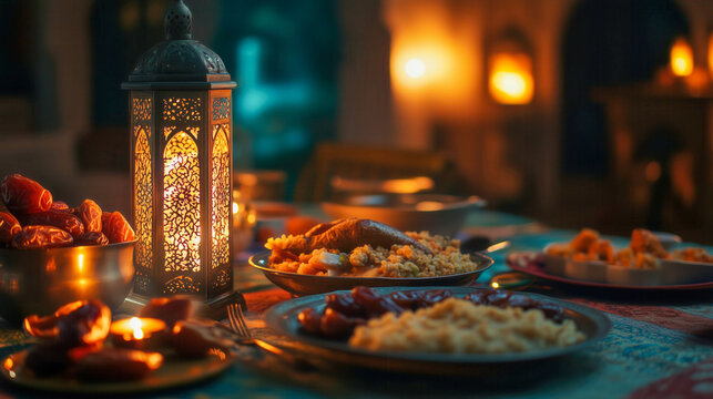 Traditional islamic ramadan kareem festive iftar food table decorated with dates and lanterns