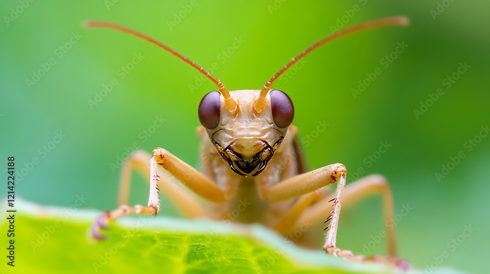 Aufkleber Macro Photo of a Grasshopper on a Leaf in a Vibrant Green Setting : Generative AI