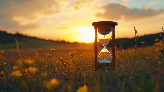 Slow life background with copy space, slowlife with an hourglass and a calm field backdrop
