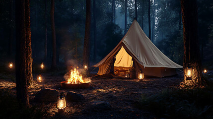 Hippie-style tent in the forest with lanterns and a fire pit