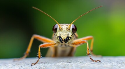 Fototapeta premium Macro Shot of Grasshopper with Large Eyes Perched on Leaf in Sunny Garden Setting : Generative AI