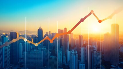 A city skyline at sunset with a financial graph overlay, symbolizing growth and opportunity. The vibrant colors reflect the dynamic landscape of urban life and economic trends.