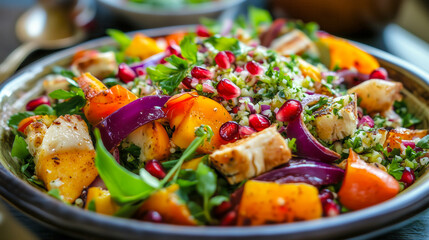 Healthy tabbouleh salad with grilled chicken, pomegranate and peach