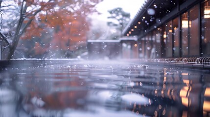 Fototapeta premium Japan. The steam rising from the onsen pools mingles with the snowflakes falling from the sky, creating a mesmerizing spectacle of nature's contrasting elements.