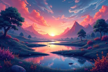 Serene Sunset Over Mountain Lake And Meadows
