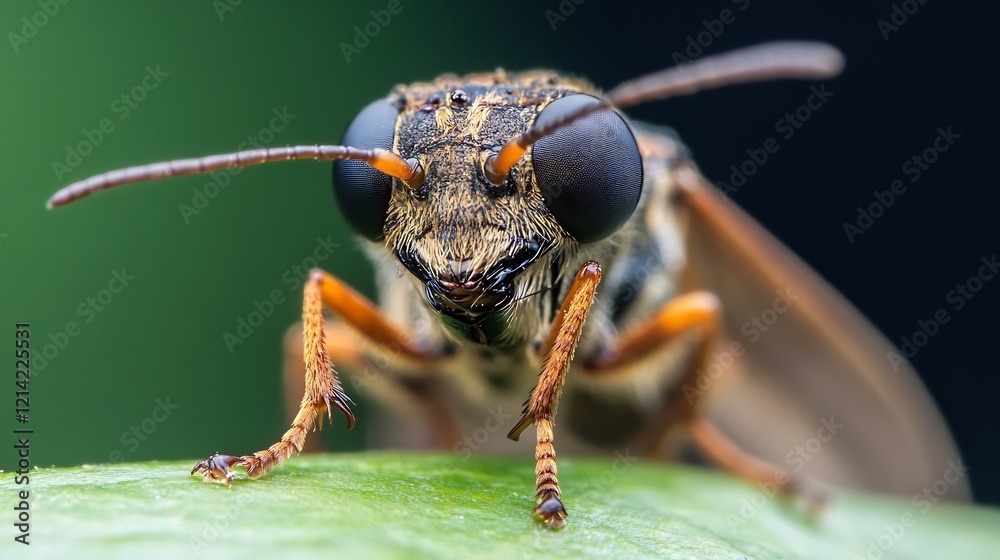 Poster detailed macro photograph of a bee on leaf with vibrant green background : generative ai