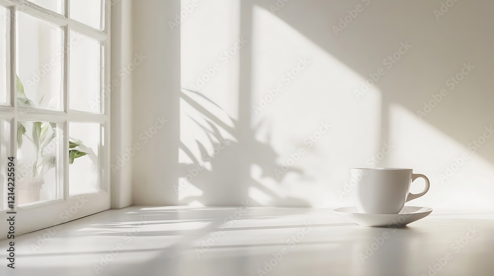 Poster bright minimalistic scene with white coffee cup in sunlight and window shadows : generative ai