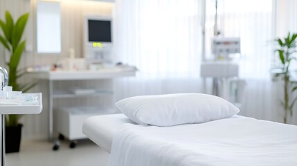 Bright and Clean Hospital Room Interior with Medical Equipment and Bed : Generative AI