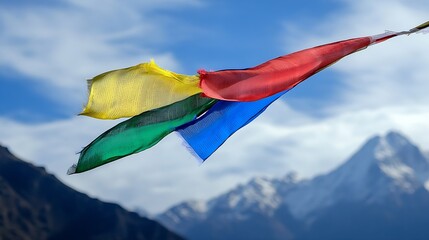 Colorful Prayer Flags Fluttering in Majestic Mountain Backdrop : Generative AI