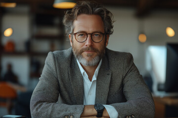 Fototapeta premium Portrait of a smiling man in a suit with a beard and glasses, seated at a modern office desk with arms crossed, featuring a computer and plants in a well-lit, professional workspace setting
