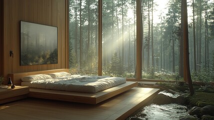 Serene Minimalist Bedroom with Panoramic Forest View and Sunlight Streaming Through Large Windows