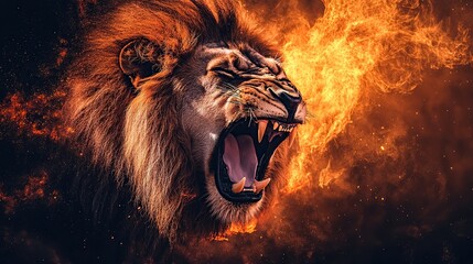 Naklejka premium Roaring lion engulfed in fiery flames.