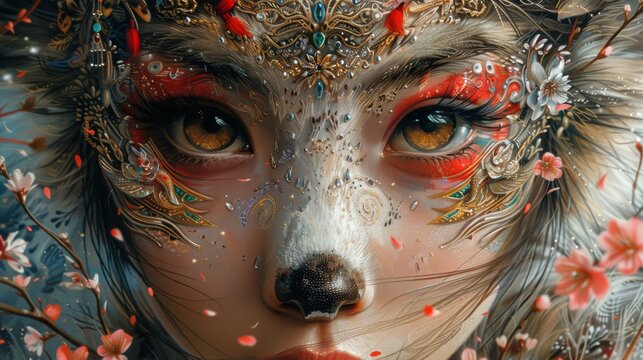 Mythical creatures. girl in kimono, the intricate patterns on her kitsune mask, and the delicate beauty of the cherry blossoms.  