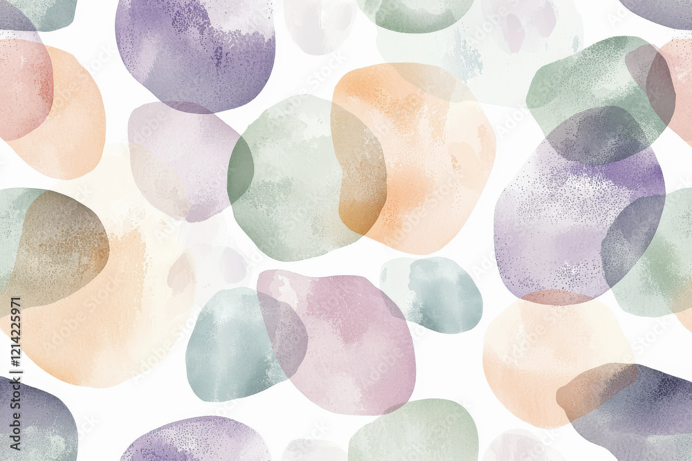 Poster abstract watercolor pattern of soft pastel blobs arranged on a matte white background with intricate