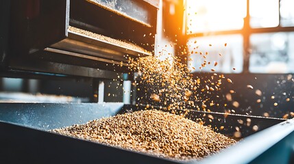 Grain processing plant barley falling into a container