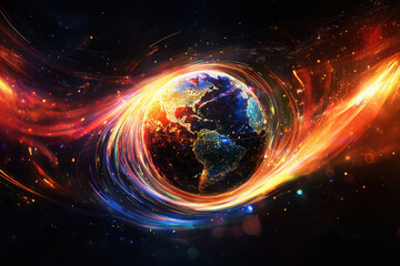 Obraz premium Dynamic light trails surround a detailed globe, symbolizing global motion and connectivity in a vibrant artistic composition