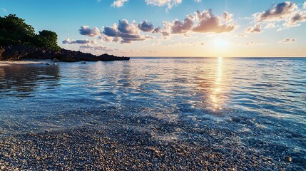 Obraz premium Tranquil sunset beach, clear water, pebble shore, tropical vegetation