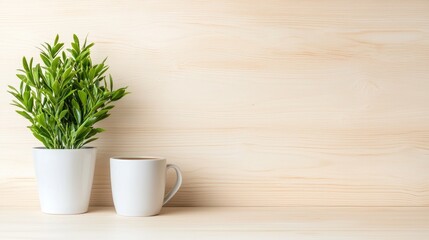 Coffee and plant on wooden desk, minimalist office background, perfect for website design