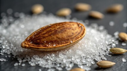 A macro shot of a single pumpkin seed perfectly roasted and glistening under a bright light. The seeds unique pattern is accentuated showcasing its richness and hue.