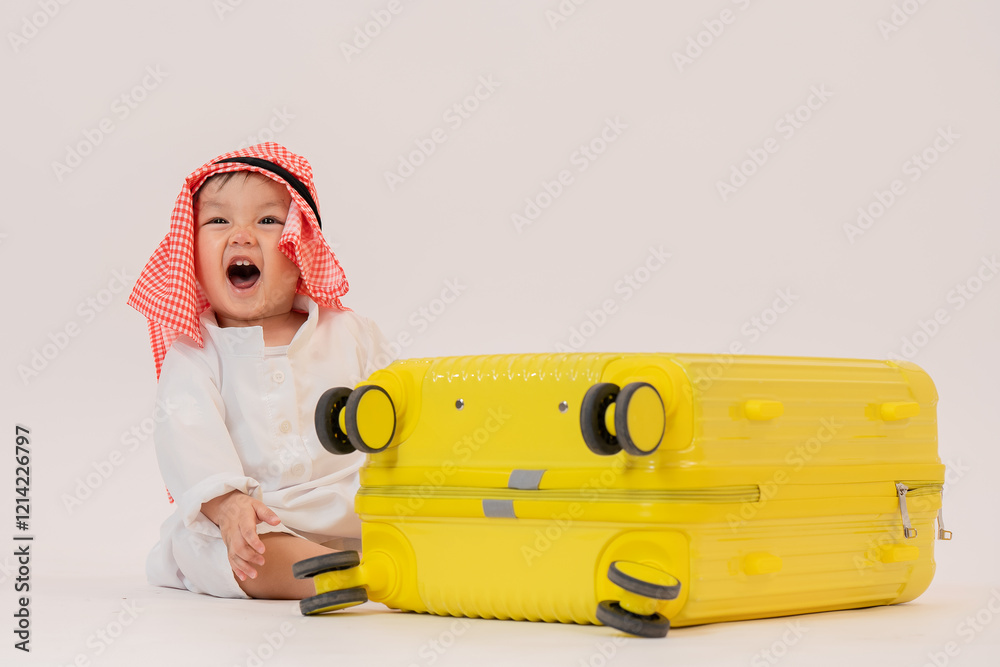 Wall mural Joyful Emirati Boy in Traditional Thobe, Welcoming Gesture, Cheerful Portrait. Arabic kid wearing a ghutra Isolated on white background studio quality.