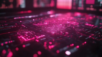 Glowing pink digital circuit board.