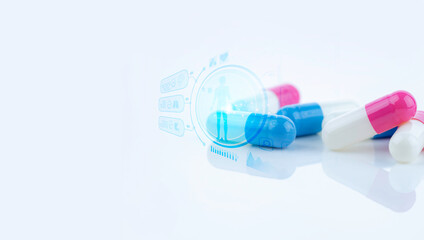 Pink-white and blue-white capsule pills with concept of precision medicine with nanotechnology,...