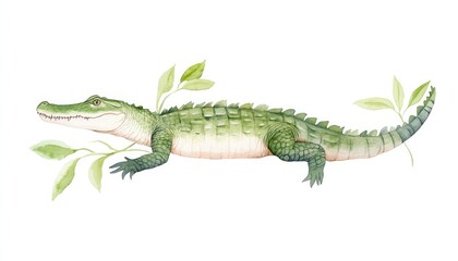 Naklejka premium Detailed illustration of a crocodile resting among green leaves, showcasing its natural habitat in a serene setting