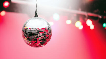 Obraz premium Disco ball with colorful lights reflecting on a vibrant red background