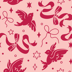 Romantic seamless pattern with stylized birds, gracefully coquette curving ribbons and stars. Monochrome color scheme. Soft, pale pink and vine hues. Flirty and playful background