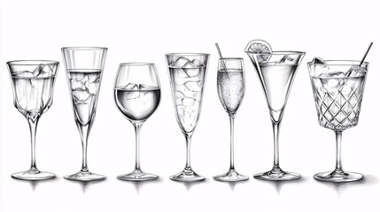 Elegant hand-drawn set of cocktail glasses in different shapes, including margarita, coupe, and tumbler, ideal for bar or restaurant designs.