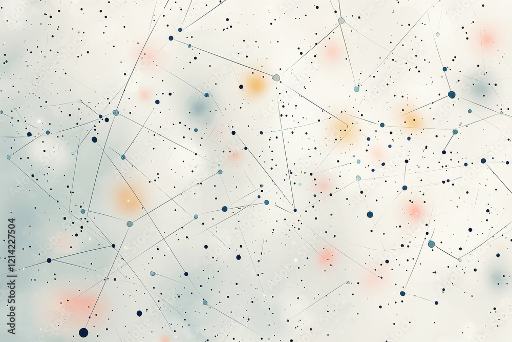 Poster artistic pattern of scattered dots and intersecting lines in soft pastel tones on a pale gray backgr