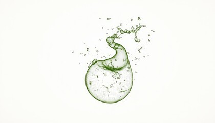 Fototapeta premium Abstract green liquid splash in a round container with water droplets against a light background