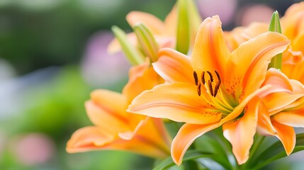 Fototapeta premium Vibrant orange lilies in full bloom with blurred green background : Generative AI