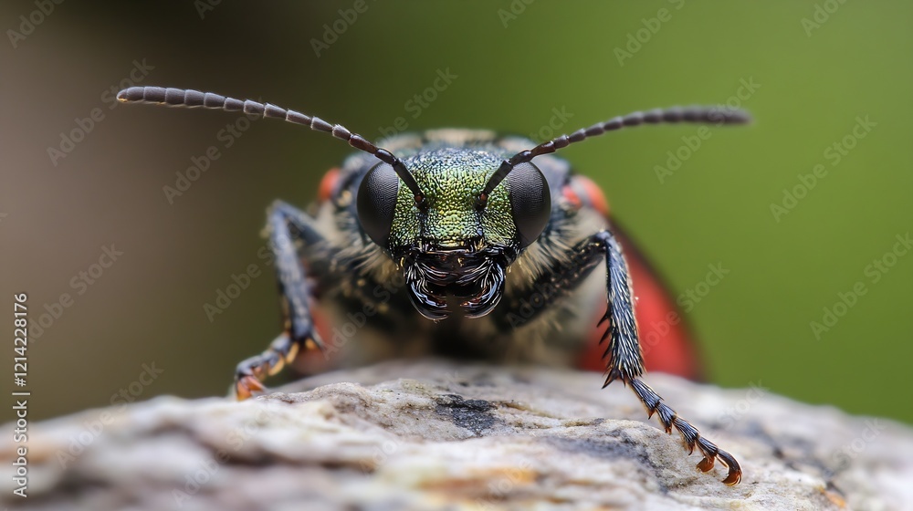 Aufkleber Front View Portrait of an Alert Green and Red Beetle in Macro Photography : Generative AI