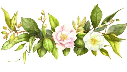 Obraz premium Elegant watercolor illustration of blooming flowers and lush green leaves, perfect for nature-themed designs