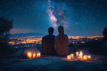 Couple gazing at night sky, city lights, candles.