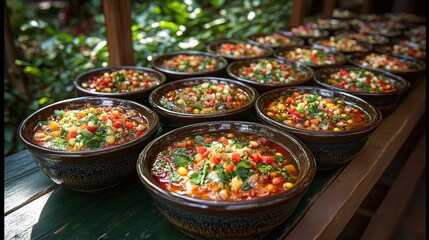 Spicy noodle bowls, outdoor market, lush background, food preparation