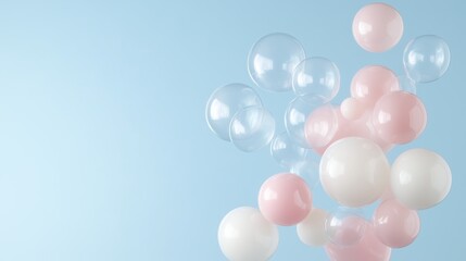 Pastel Dreams: A cluster of transparent and pastel-colored bubbles float gracefully against a soft blue background, evoking a sense of whimsical joy and delicate beauty.