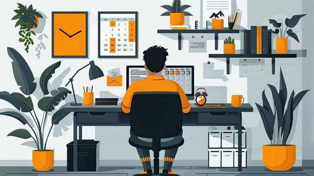 A remote worker’s flat design calendar suddenly rearranges itself to save the day