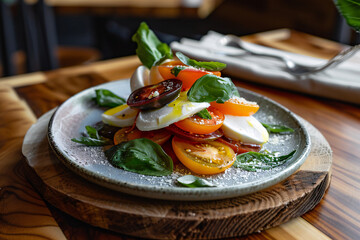 Photo of a plate with caprese salad beautifully served on irregulary shaped rhand-thrown ceramic plate with an earthy glaze, eco-style, local farm products, wooden serving board and a natural linen na
