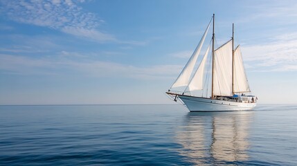Fototapeta premium Majestic Sailing Ship Gliding Across Calm Ocean Under Clear Blue Sky at Sunrise : Generative AI