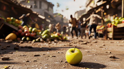 Chaotic bustling market scene with overturned stalls, scattered fruits and vegetables, and people running in panic. Foreground features a single fallen apple amidst the disarray.