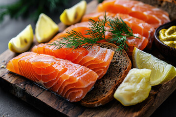 Gourmet presentation of gravlax cured salmon with dill, rye bread, mustard sauce, and fresh lemon wedges on a wooden board