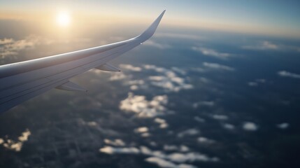 Airplane wing view with sunrise over clouds captivating aerial travel experience : Generative AI